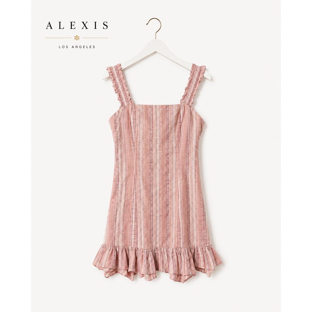 Alexis Brandy Ruffle Mini Dress Rose Stripe Linen Blend Feminine Medium
